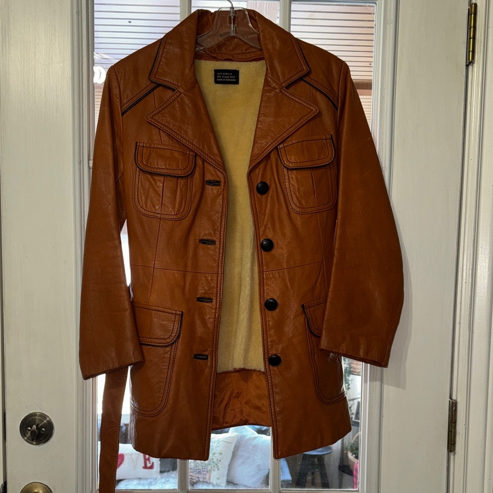Vintage Brown Womens Leather Jacket with Belt & Removable Faux Fur Vest Small